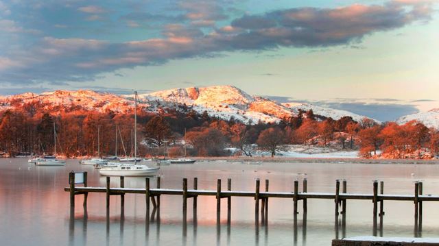 lake windermere, lake district snow